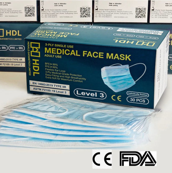 Medical Face Mask, ASTM Level 3, FDA & CE (Adult, Individual Pack 30 pcs) 成人醫用口罩 30片獨立裝